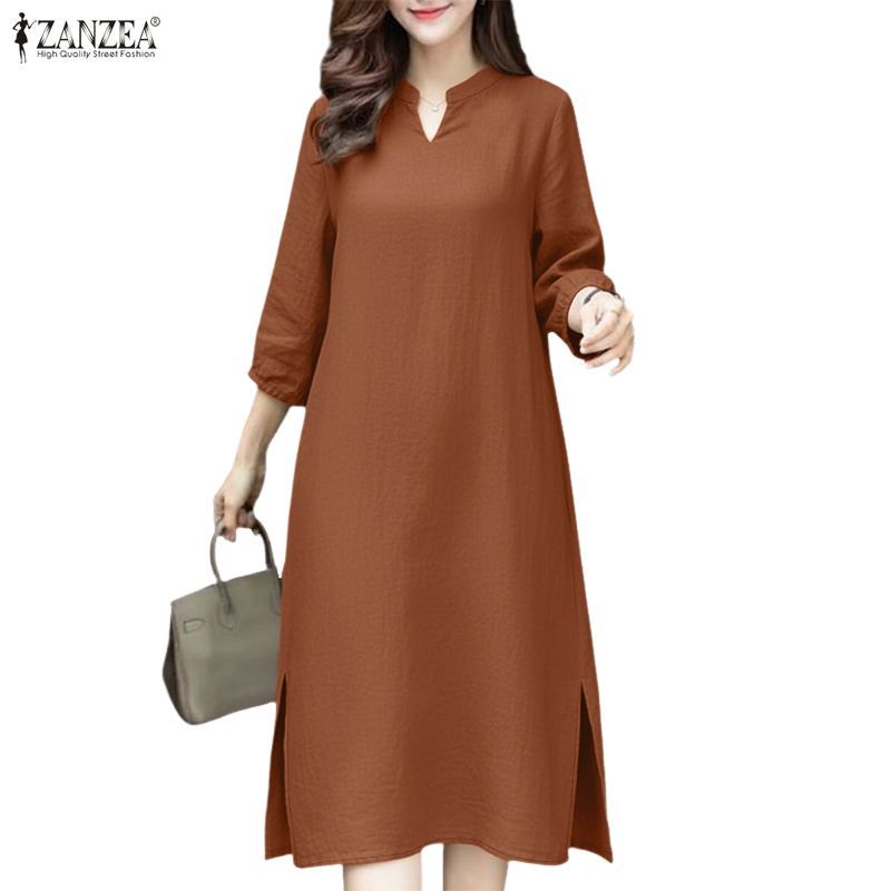 ZANZEA ชุด A-Line แบบเกาหลี แขนสาม_quarter ซิลม์ฮีม สำหรับใส่ลำลอง