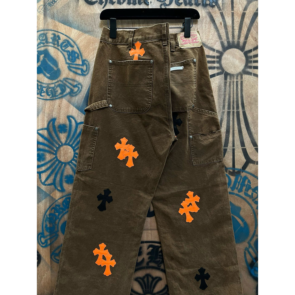 N2O9 Chrome Hearts Cross-patterned leather patchwork Sanskrit straight-leg workwear jeans for men an