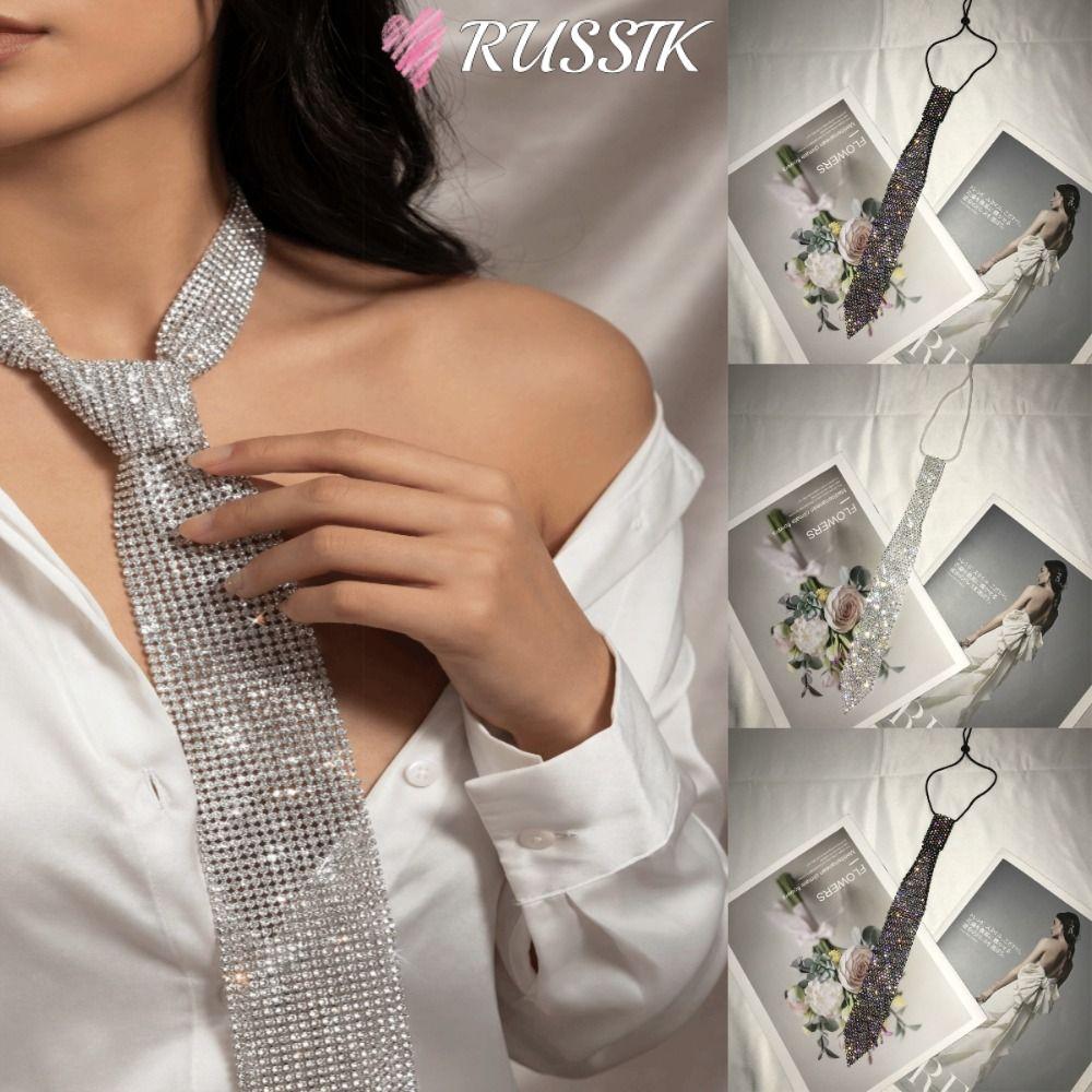 เนคไทเงางามหรูหรา Ruzsik เพชรสังเคราะห์ สีดำพร้อมคล้องคอ สำหรับงาน party และ club