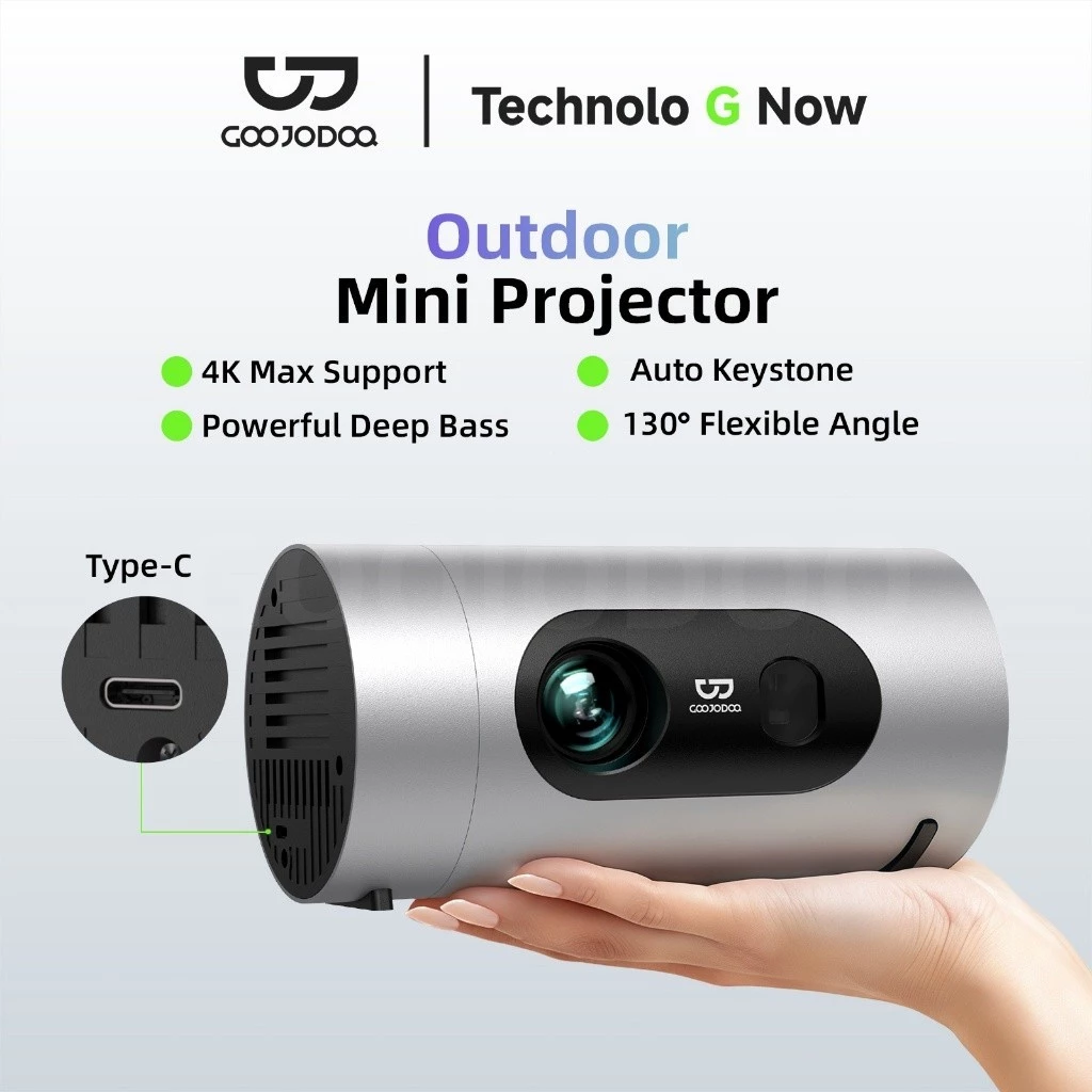 GOOJODOQ Type-C Powered Mini Projector Auto Keystone & Electronic Focus Android 13, Wi-Fi 6 & Bluetooth 4.2