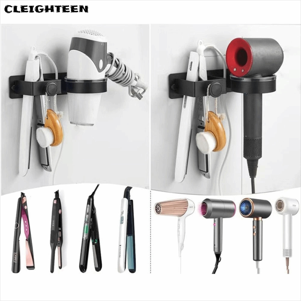 Cleighteen ที่ยึดโบลเวอร์, ที่แขวนเครื่องเป่าผมแบบมีกาวในตัวติดผนัง, อุปกรณ์เสริมในห้องน้ํา 2 in 1 ที่ใส่เครื่องหนีบผมในห้องน้ํา