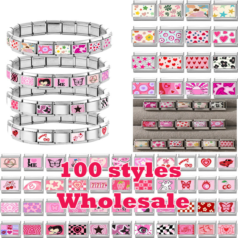 Y2K สีชมพูการ์ตูนวัวแมวดอกไม้หัวใจ YES Italian Charm Links Fit 9 มม.สร้อยข้อมือสแตนเลสผู้ชายผู้หญิง DIY ทําของขวัญ