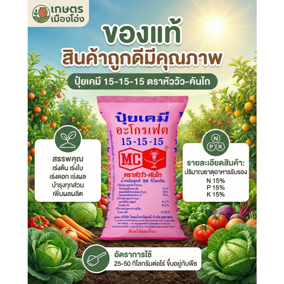 ยกกระสอบ 50 กก 15-15-15 หัววัวพรีเมี่ยม เร่งต้นดอกผลน้ำหนัก เร่งการเจริญเติบโตของพืช ปุ๋ยเร่งดอก ผล 