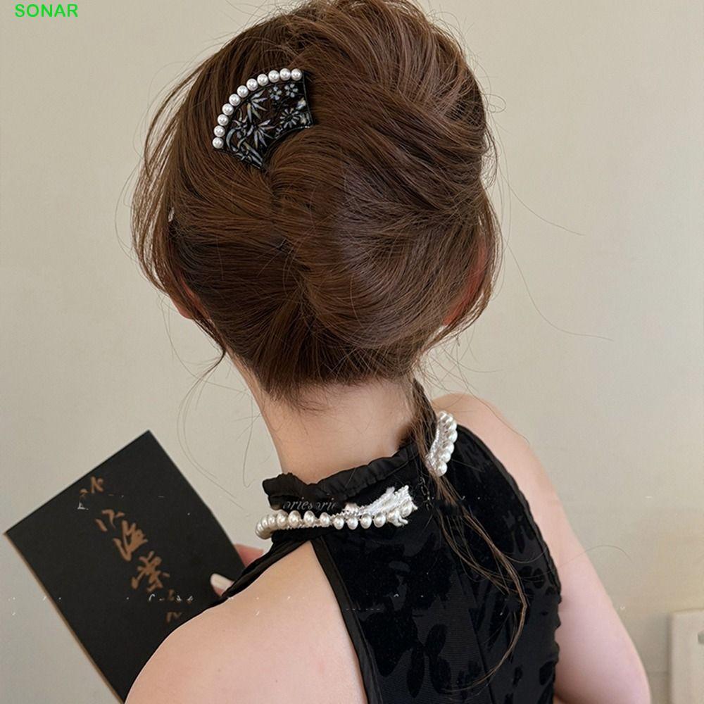 SONAR Fan Hair Stick, Pearl U-shaped Hanfu U Shape Hairpin, น่ารัก Hollow Hair Sticks สําหรับ Buns ผ