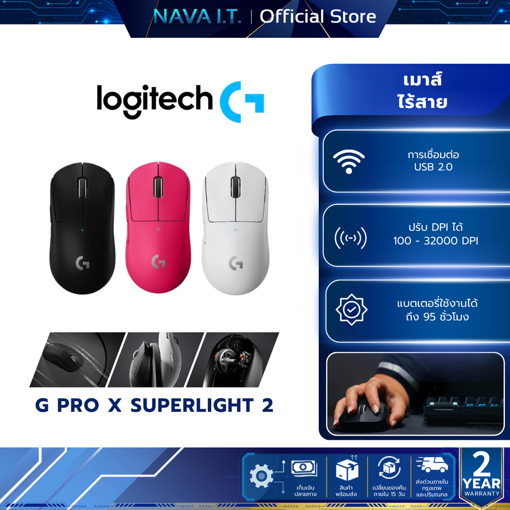 LOGITECH G PRO X SUPERLIGHT 2 LIGHTFORCE GAMING MOUSE เมาส์เกมมิ่งไร้สาย เซ็นเซอร์ HERO 44K DPI