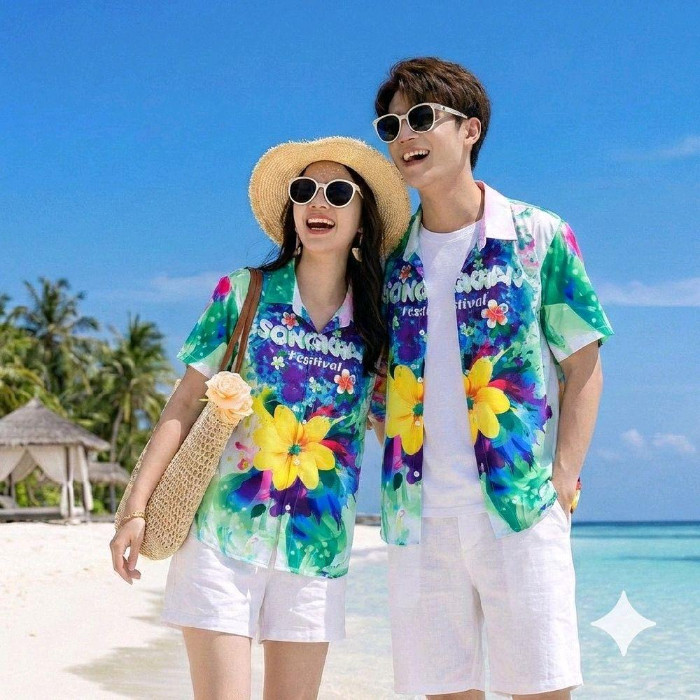 เสื้อฮาวายลายใหม่ สาดสีSongkran ทรงวัยรุ่น หญิงชายใส่ได้ ผ้าโพลีพรีเมี่ยม ไซส์38-56นิ้ว งานปัาย ลายคมชัด  **1ตัว**