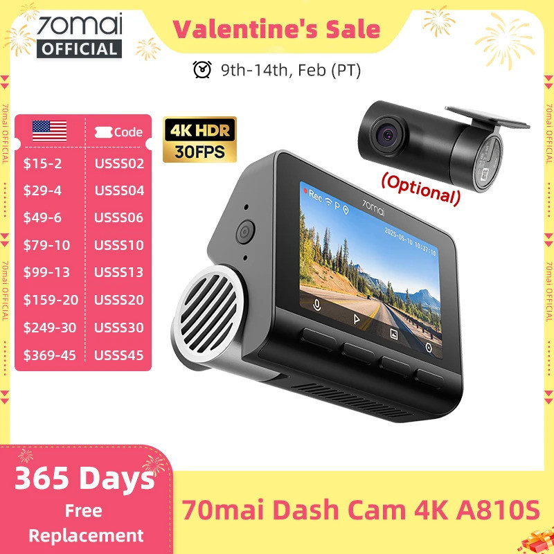 ใหม่ 70mai Dash Cam A810S 4K HDR GPS ADAS Auto Record Dual-Channel Motion Detection 4G LTE สนับสนุนร