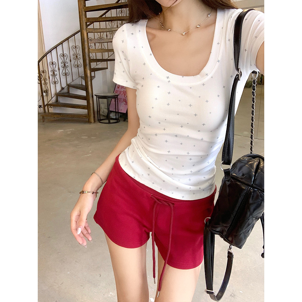 <Moses Queen> เสื้อยืดแขนสั้นไหล่ตรงคอวีสไตล์เกาหลี เสื้อหน้าร้อนสีเทาเข้ารูป