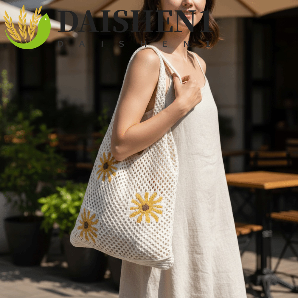 DAISHEN1 ถักโครเชต์ Tote Bag, Simple Retro Beach ถักกระเป๋า,ดอกไม้อินเทรนด์รูปแบบเป็นมิตรกับสิ่งแวดล้อมความจุขนาดใหญ่กระเป๋าสะพายกลวงทุกวัน – โปรปัง