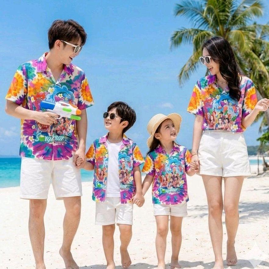 เสื้อฮาวายลายมัดย้อมSongkran ผ้าโพลีพรีเมี่ยม ไซส์เด็ก-ผู้ใหญ่ ลายคมชัด  **1ตัว**