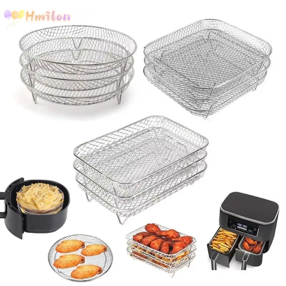 HMILON ตะแกรงย่าง, ชั้นวางทอดอากาศแบบไม่ติดวางซ้อนกันได้, สแตนเลสทนทาน Airfryer ถาด แกดเจ็ตในครัว