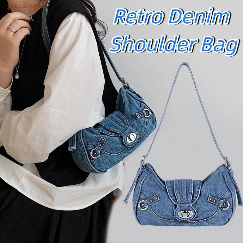 SEIZ6O Retro Denim กระเป๋าสะพาย, Y2K Underarm Bag Denim Handbag, Simple Korean Spice Girl Fashion Cl