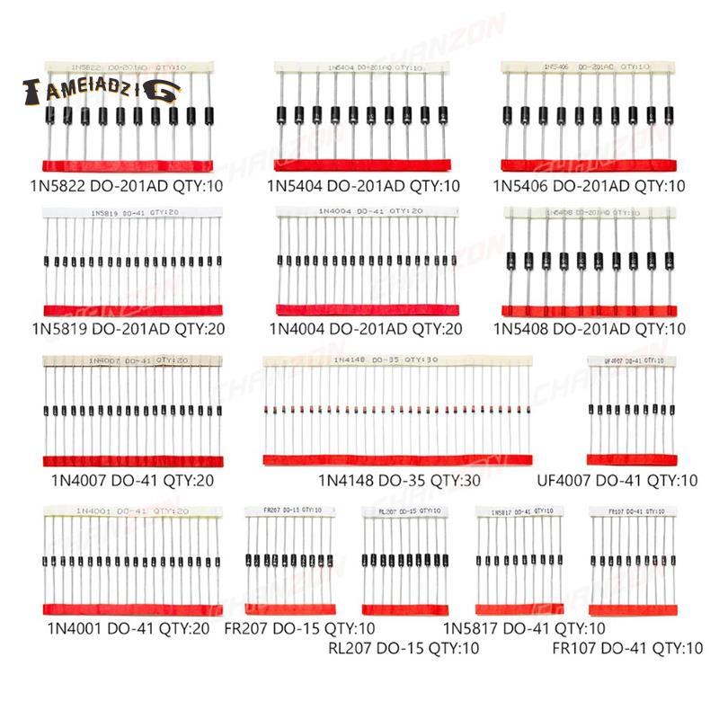 [คุณภาพ T]200 ชิ้น Fast Switching Schottky Diode Kit 1N4001 1N4004 1N4007 1N5408 UF4007 FR207 1N5817