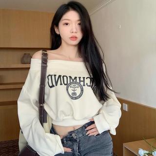 Korean Off-Shoulder Long Sleeve Hoodie Oversized Cropped Top with Letter Print for Casual Outfits