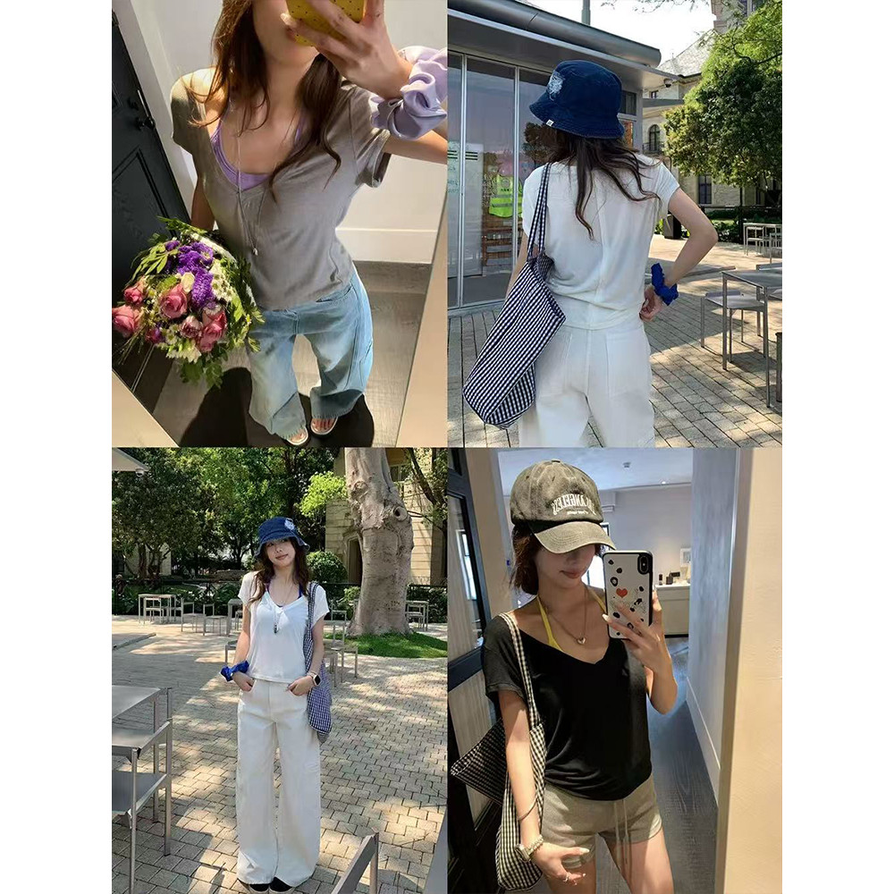 <Moses Queen> เสื้อยืดแขนสั้นคอวีทรงเรโทรแบบอเมริกันสำหรับผู้หญิง ทรงเข้ารูป สวมใส่สบาย เหมาะสำหรับฤดูร้อน