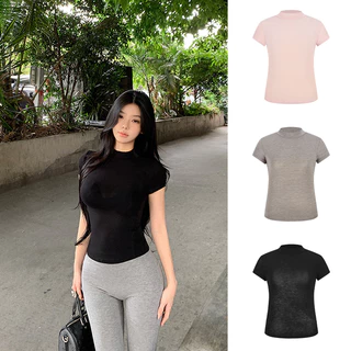 <Moses Queen> เสื้อยืดแขนสั้นคอสูงเนื้อผ้าบางเบาสำหรับผู้หญิง เสื้อตัวในสุดเซ็กซี่สำหรับฤดูร้อน