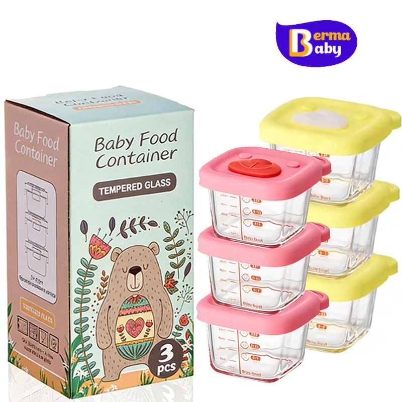 Berma Baby กล่องเก็บอาหารเด็ก 3PCS ฝาซิลิโคนการ์ตูน เข้าไมโครเวฟได้ ปลอดภัยสำหรับลูกน้อย