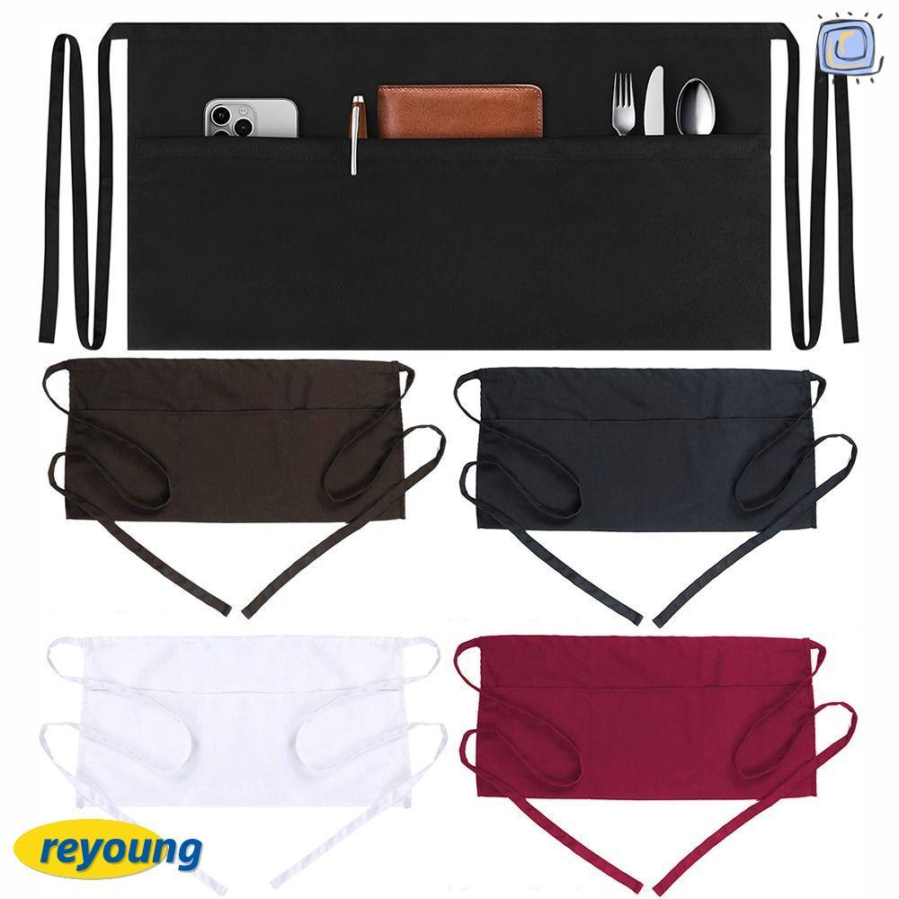 ผ้ากันเปื้อนเอว REYOUNG ผ้ากันเปื้อนครึ่งตัวโพลีเอสเตอร์ 3 กระเป๋า ผ้ากันเปื้อนครึ่งเอวสั้น ช่างทําผม