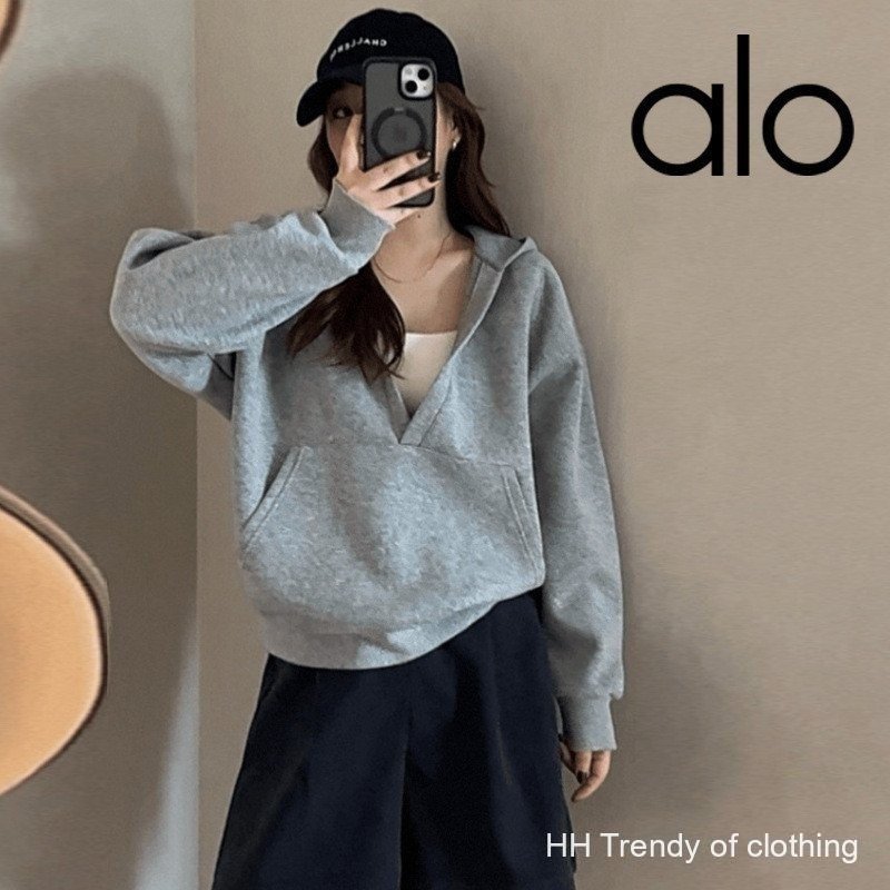 ALO YOGA 女士毛衣秋季新款时尚V领休闲百搭韩风宽松连帽拉链瑜伽外套