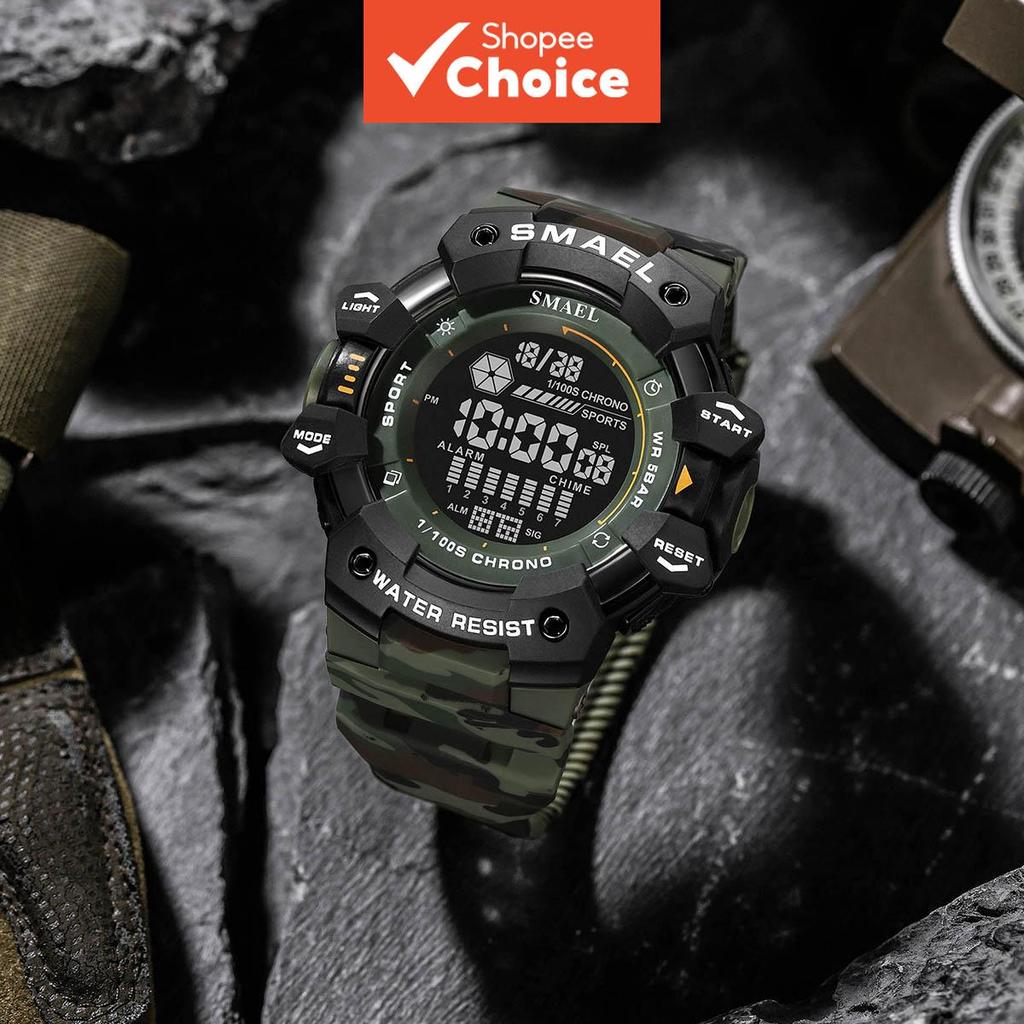 SMAEL 8050MC ผู้ชายนาฬิกาดิจิตอลสีเขียว Camo สายซิลิโคนกีฬากันกระแทกกันน้ํา