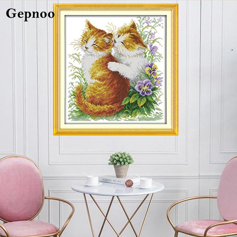 [Gepnoo] DIY Stampton Cross Stitch Starter Kit Pre-print Kissing Cats 11CT 42x44cm