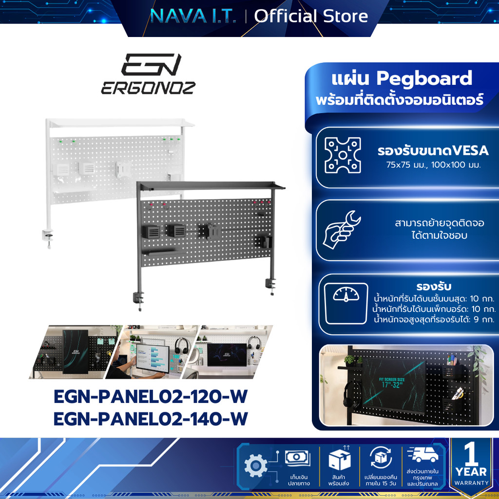 ERGONOZ ชั้นวางของติดโต๊ะ PANEL02 PEGBOARD DIY ขนาด 120 และ 140 cm.