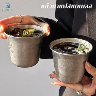 ถ้วยสแตนเลสและถาด แก้วกาแฟอเมริกาโน่เย็น 304 สไตล์วินเทจอเมริกัน ถ้วยเกล็ดหิมะ ใช้สำหรับร้านกาแฟและร้านขนม