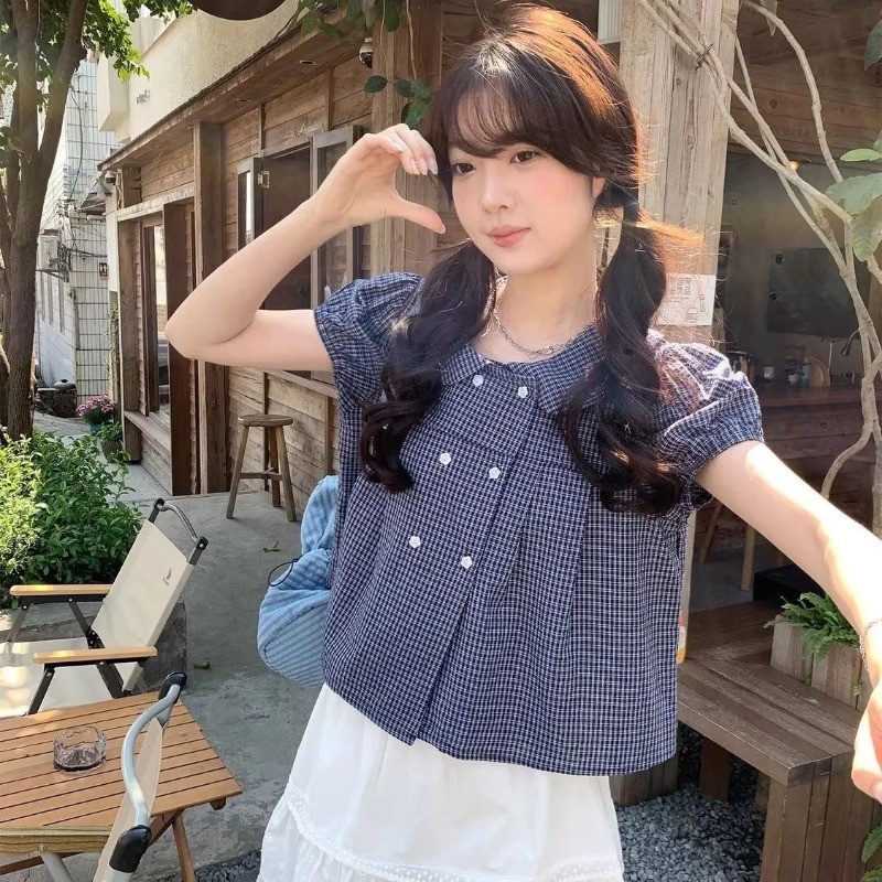 vicky~Xเวอร์ชันเกาหลี ตาราง เสื้อแขนสั้น เสื้อเชิ้ต รุ่นใหม่ สไตล์แฟชั่น