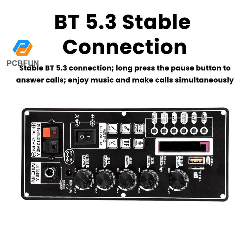 Pcbfun T01 ลําโพงดึงและลําโพงแบบพกพา MP3 ถอดรหัส BT เครื่องขยายเสียง 2*25W 87.5–107.5 MHz DC 7.4-12V