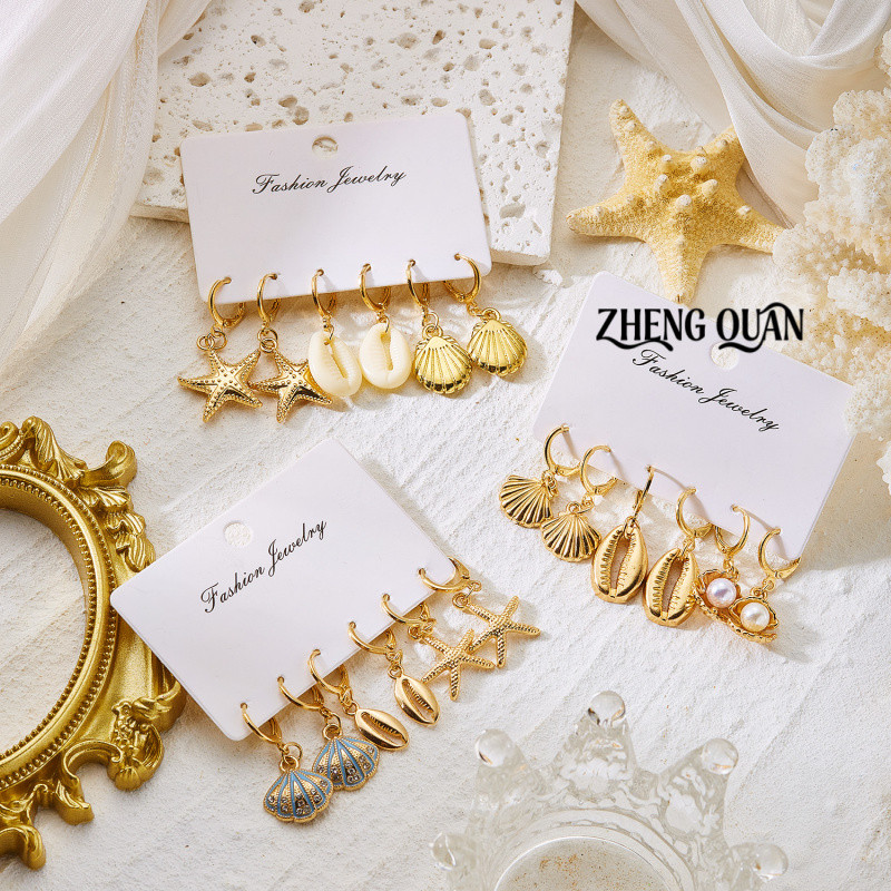 6 ชิ้น/เซ็ตต่างหูมูลค่าแพ็คทอง Ocean Hoop ต่างหูชุดปลาดาว Shell Charms Match ฤดูร้อนเครื่องประดับ