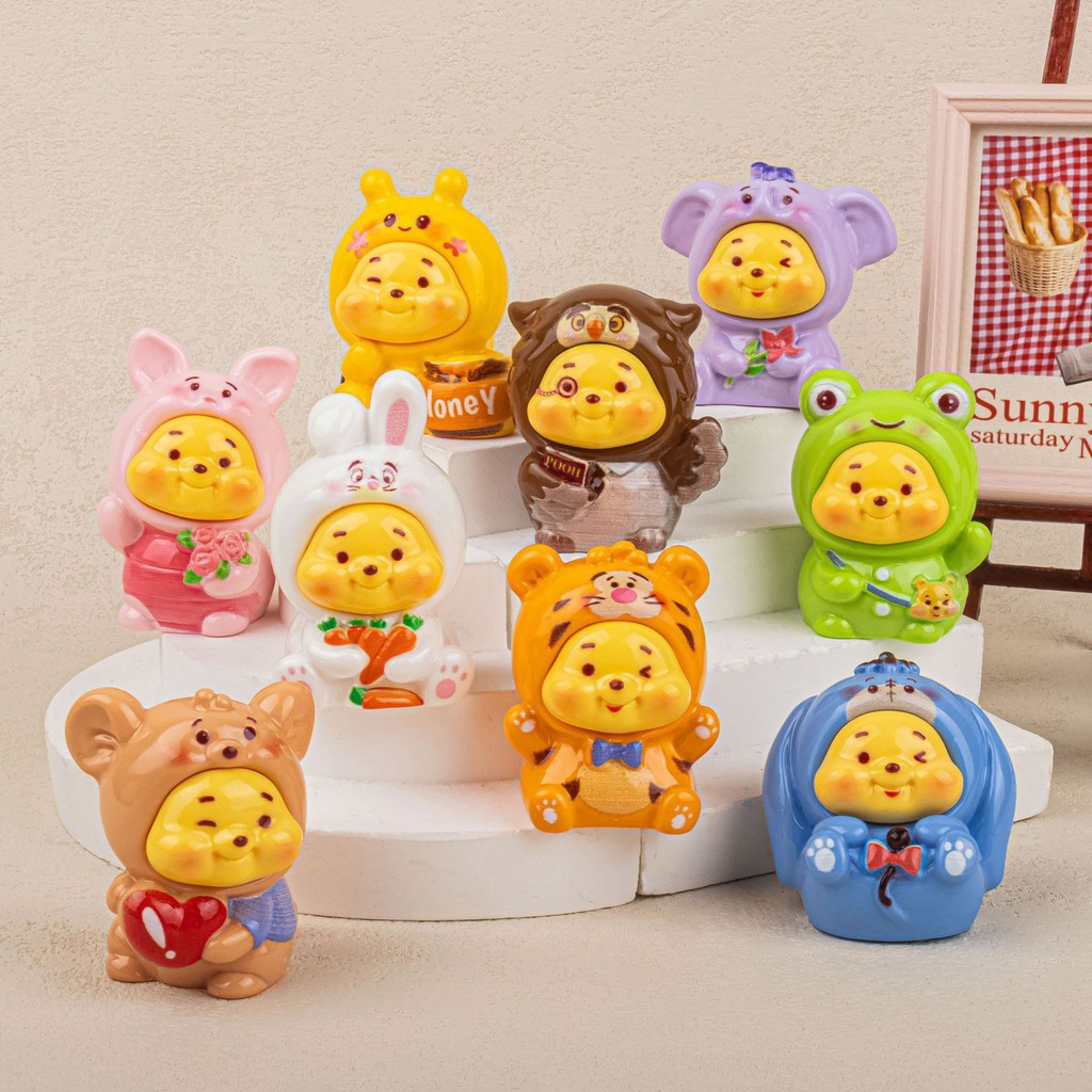 9PCS หมีพูห์น่ารักพร้อมหมวกสัตว์ช้างกระต่ายเรซิ่น Charms สําหรับ DIY (7-274)