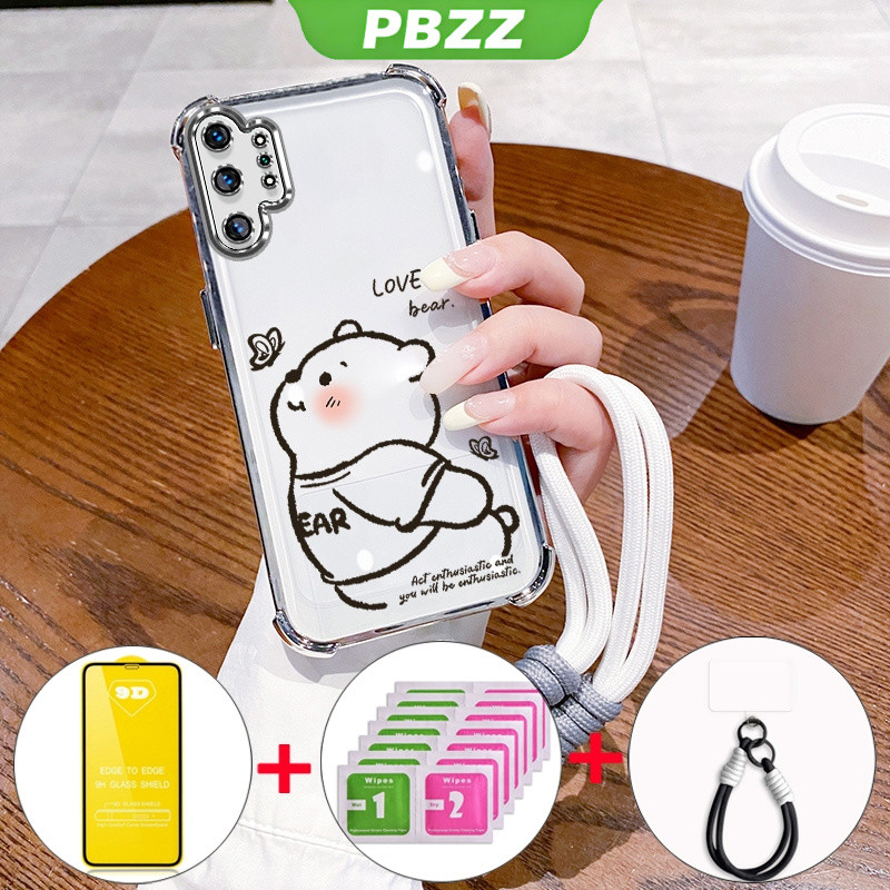 PBZZ เคสสำหรับ SAMSUNG note 10 plus samsung note 10 pro note 9 s10 เคสโทรศัพท์แบบนุ่มกันกระแทก ดีไซน์ใหม่สวยงาม ลายหมีใสพร้อมสายคล้องและฟิล์มนุ่ม 9D SJMSTHDXX01