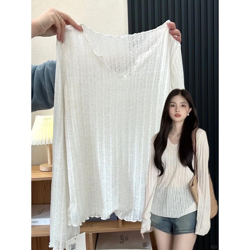 เสื้อแขนยาวผู้หญิง สไตล์เรียบหรู ตัว.White.V-neck พร้อมคุณสมบัติกันแดดน่าสวมใส่ในฤดูร้อน
