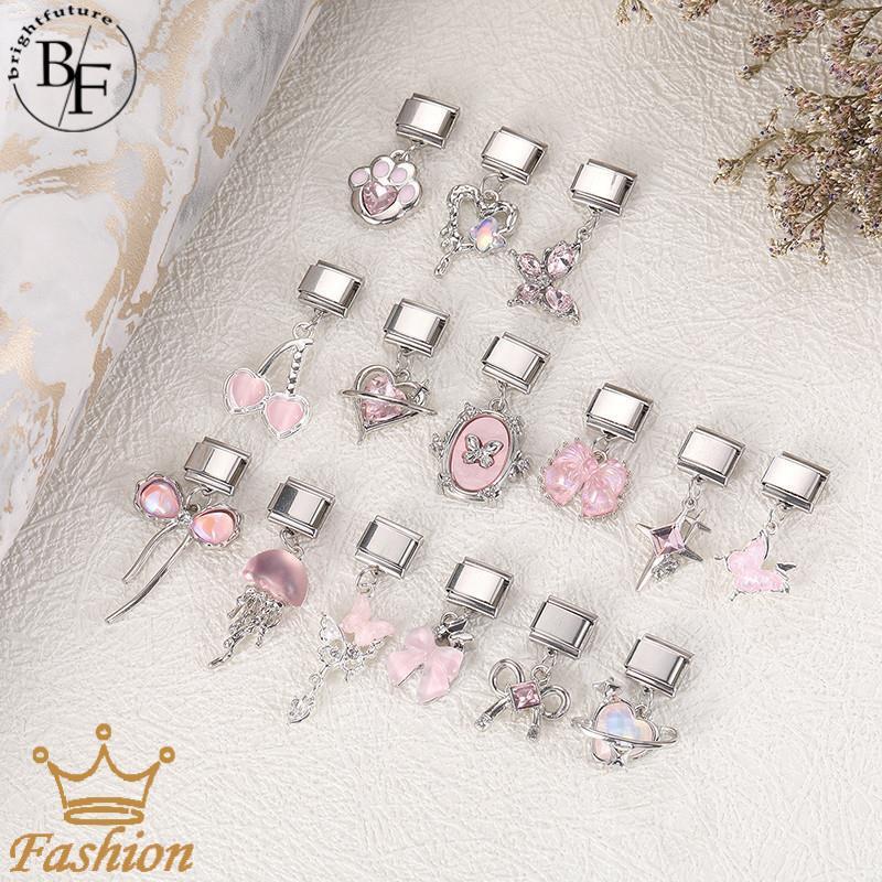 Pink Love Bowknot อิตาเลี่ยน Charm สร้อยข้อมือ Fit 9 มม.สร้อยข้อมือสแตนเลส DIY เครื่องประดับทําอุปกรณ์เสริม Retro บุคลิกภาพโมดูลสร้อยข้อมืออุปกรณ์เสริม