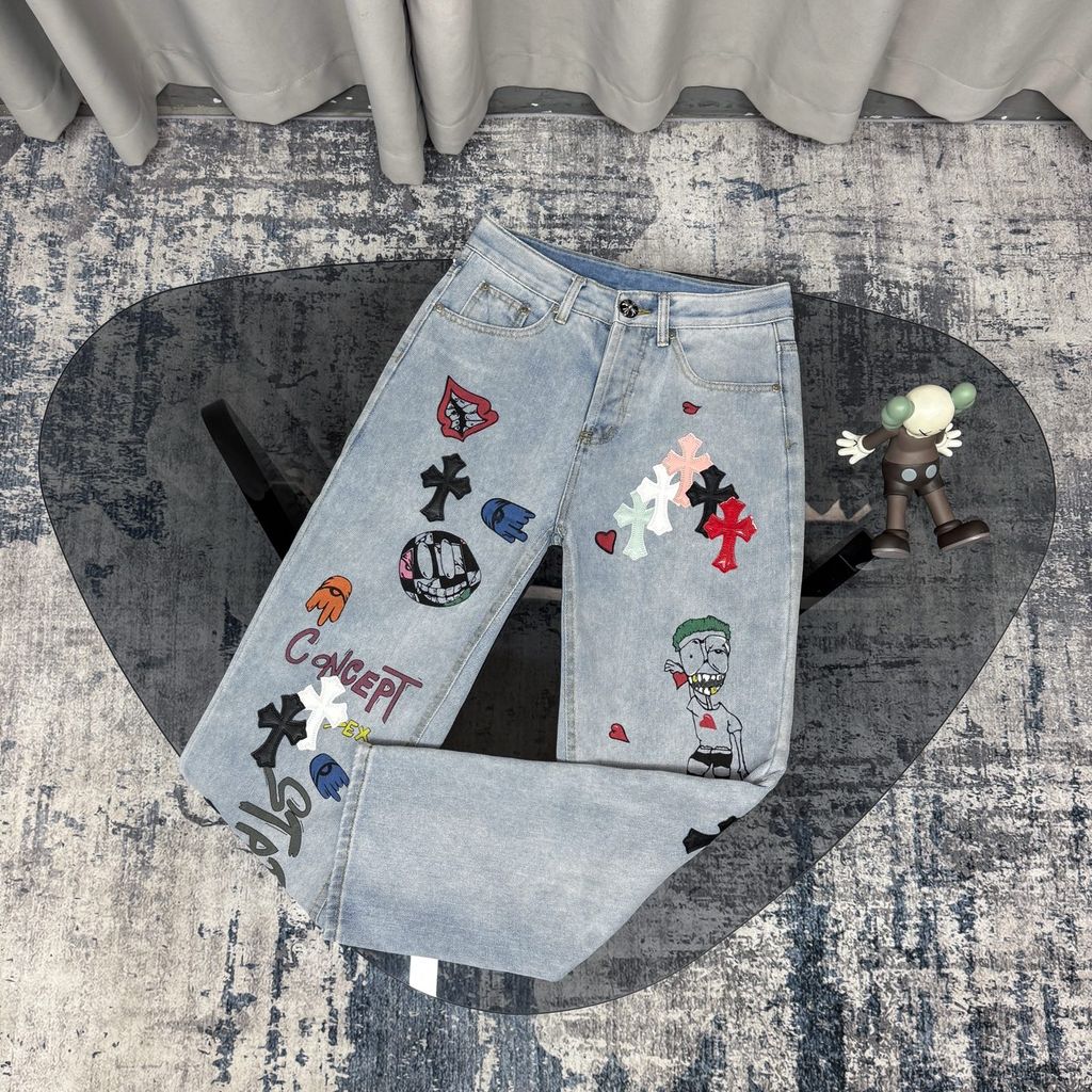 Chrome Hearts กางเกงยีนส์หนังครอสเคลือบแบรนด์ร่วม Chrome Hearts