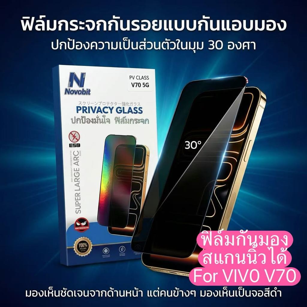 Novobit สแกนนิ้วมือได้ ฟิล์มกันมอง For Vivo V70 5G ฟิล์มป้องกันหน้าจอฟิล์มกันรอยกระจกนิรภัย ป้องกันการแอบดู