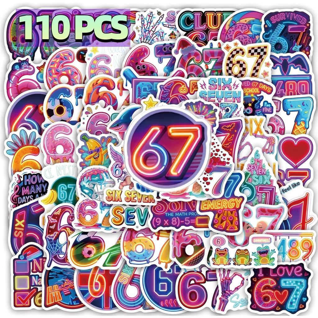 67 สติกเกอร์,สติกเกอร์หกเจ็ด,(110 ชิ้น) ตลก 6 7 Meme สติกเกอร์แพ็ค,67 วันเกิดตกแต่ง Meme 6 7 สติกเกอ