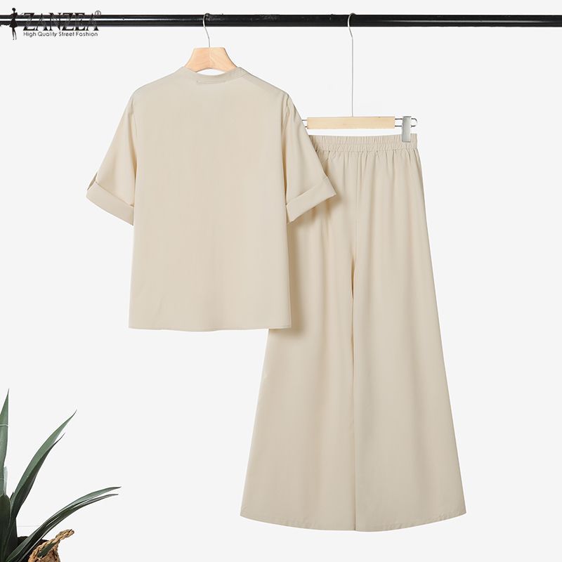 ZANZEA เสื้อเบลาส์แขนสั้น สไตล์เกาหลี ลำลองสำหรับผู้หญิง และกางเกงขากว้าง — صورة 8