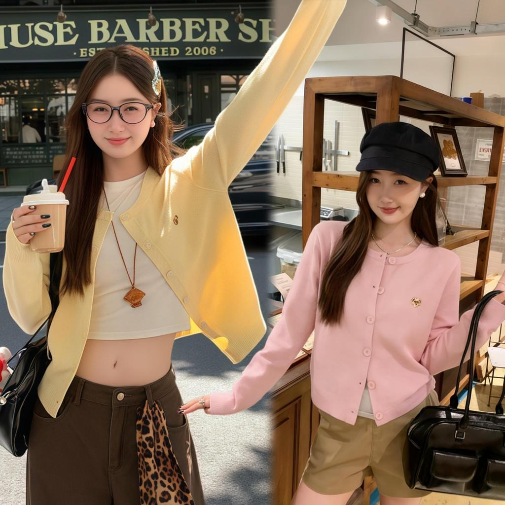 15691 เสื้อคาร์ดิแกนถักสำหรับผู้หญิง สีพื้น คอทรงกลม ตกแต่งด้วยป้ายปักลายเล็กๆ