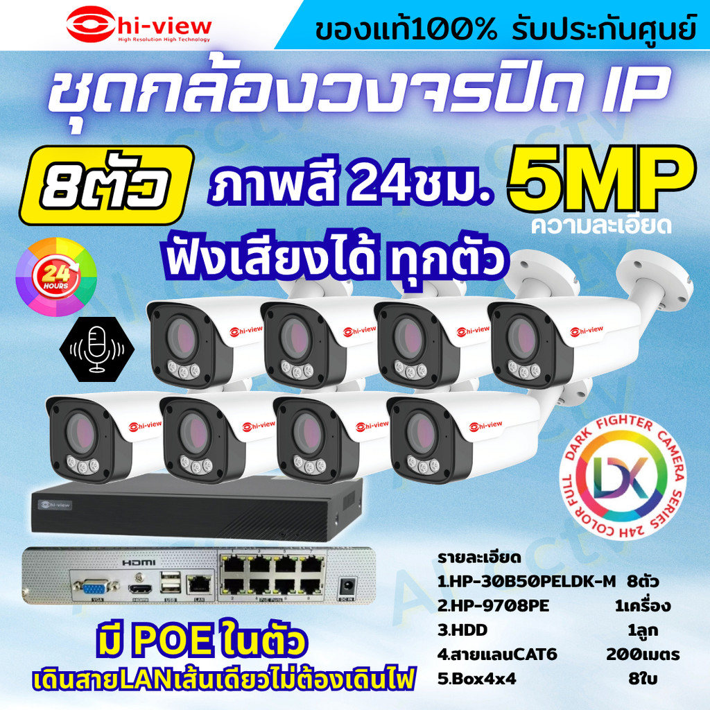 Hiview ชุดกล้องวงจรปิด 5ล้านพิกเซล8ตัว IP ระบบPOE สี24ชม.ฟังเสียงได้ พร้อมเครื่องบันทึก8ช่อง ไม่ต้อง