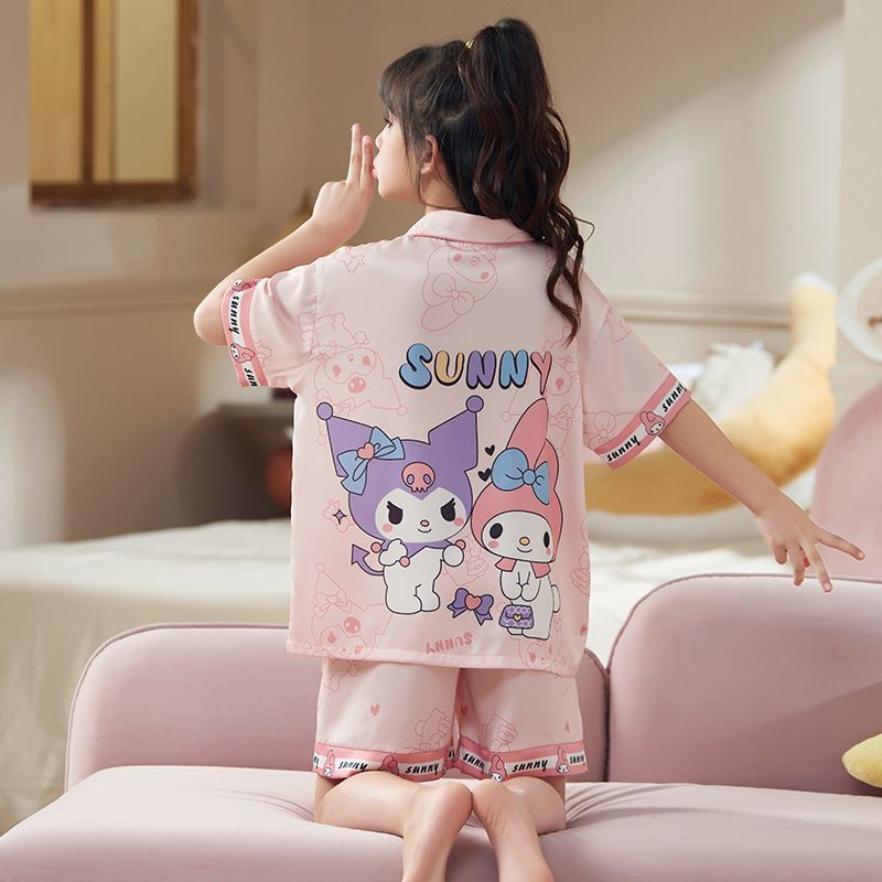 ชุดนอน Kumi สำหรับเด็กและวัยรุ่น ผ้าไหมบาง สบายๆ ในฤดูร้อน แขนสั้น G7TQ