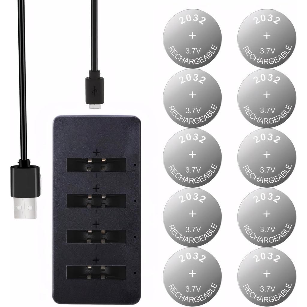 แบตเตอรี่ลิเธียม CR2032 45mAh 10-Pack พร้อมเครื่องชาร์จปุ่ม Lir2032 แบตเตอรี่,2032 แบตเตอรี่สําหรับ 