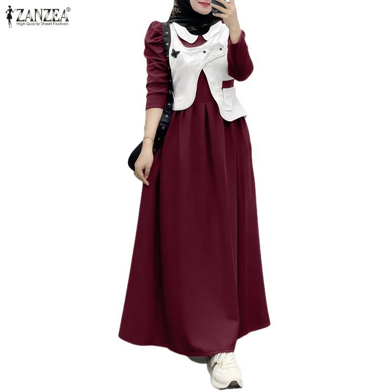 ZANZEA ผู้หญิงมุสลิม Streetwear สไตล์ตุ๊กตา Butterfies Decor Contrast สี Patchwork A-Line Dresses