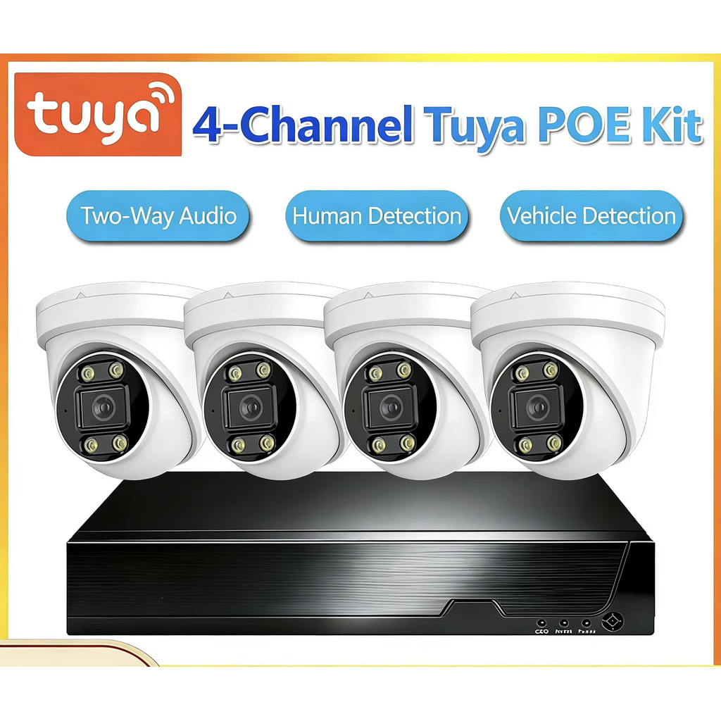 H.265 TUYA SMART HOME SECURITY 4CH 4K CLOUD POE KITS สีเต็ม IP66 โลหะ DOMEEYE WEATHERPROOF 2 ทาง AUD