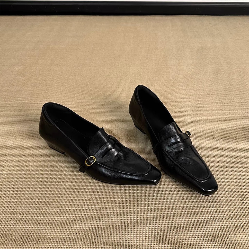 ของแท้รุ่นหนังแท้ ~ Retro Square Toe รองเท้าส้นหนาผู้หญิง Commuter รองเท้า Classy Slip-On รองเท้าเข็มขัดหัวเข็มขัดหนังขนาดเล็ก