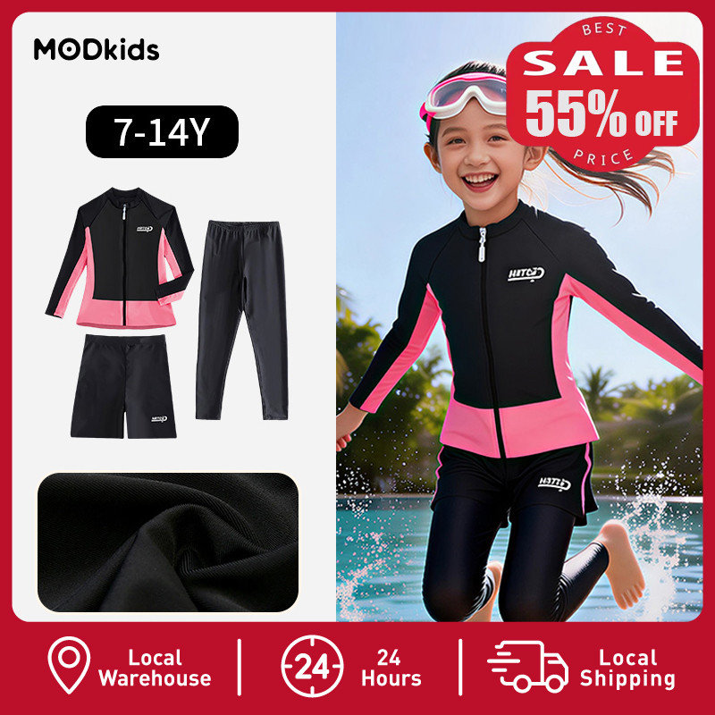 【55%OFF】💦 ชุดว่ายน้ำ3ชิ้นเด็กผู้หญิง ฤดูกาลสงกรานต์ เสื้อแขนยาวกันแดด ใส่เล่นน้ำสบาย อายุ7-14ปี