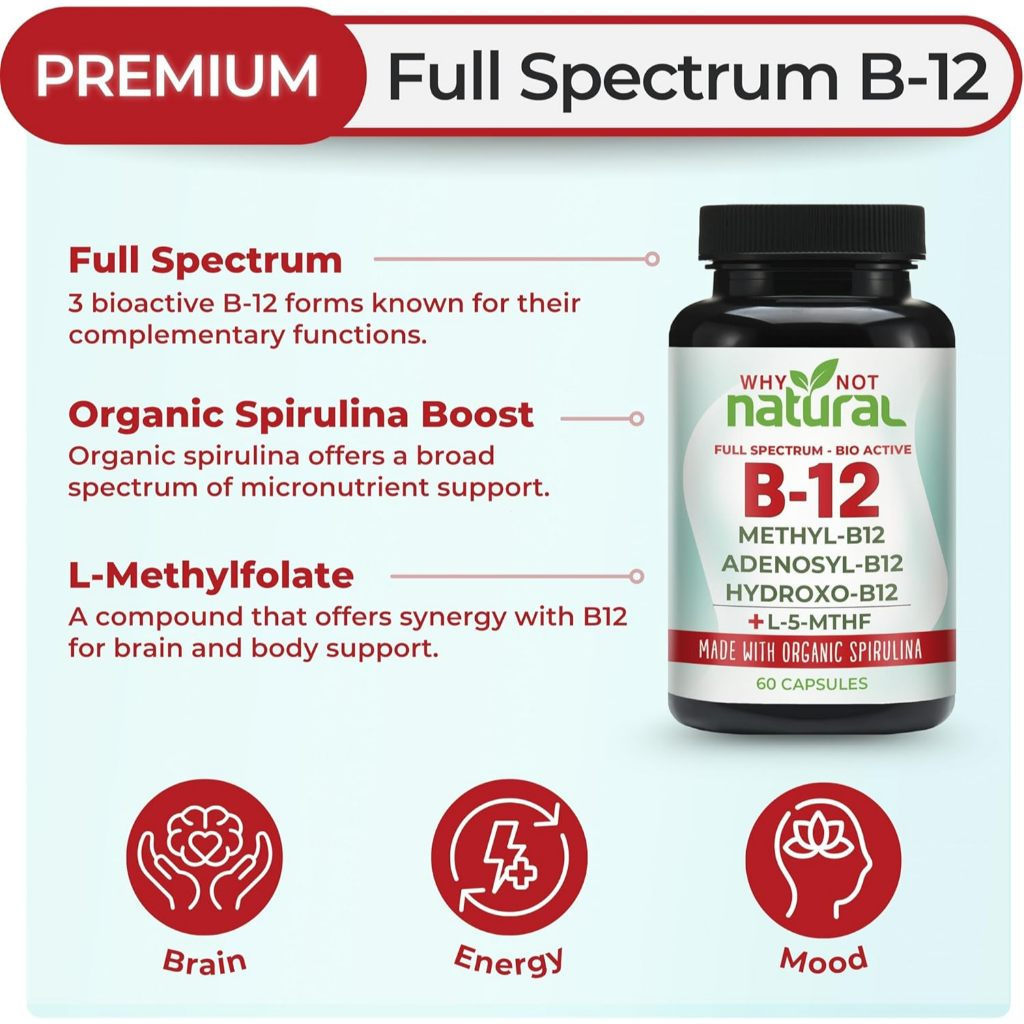 Why Not Natural Vitamin B12 5000 mcg อาหารเสริมพร้อม Methylcobalamin, Adenosylcobalamin และ Hydroxy 