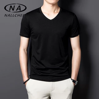 เสื้อยืดแขนสั้นผู้ชาย แบบคอวีบาง สไตล์ลำลอง สีทึบ ทรงกระโปรงสั้น