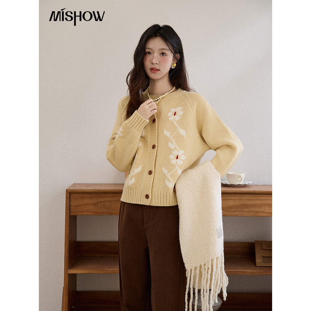 MISHOW 2026 Winter Arctic Fleece Retro Loose Flower Jacquard เสื้อกันหนาวคาร์ดิแกน