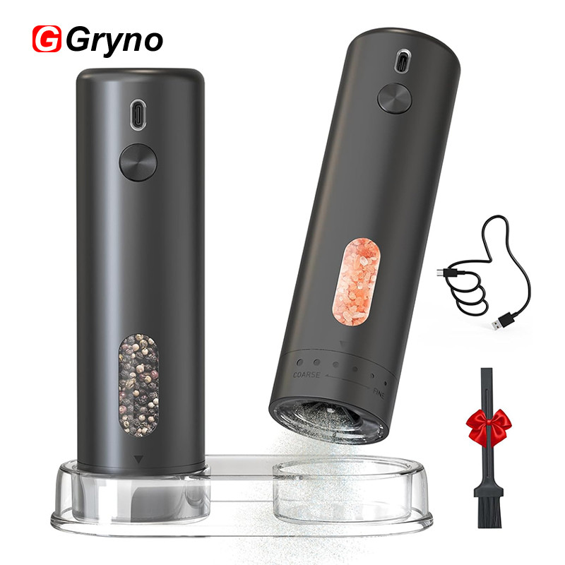 Gryno เครื่องบดเกลือและพริกไทยไฟฟ้า 2 ใน 1 ชุดชาร์จได้, เครื่องบดพริกไทยพร้อมถาด,110มล ความจุขนาดใหญ่, หยาบปรับได้, สําหรับห้องครัว